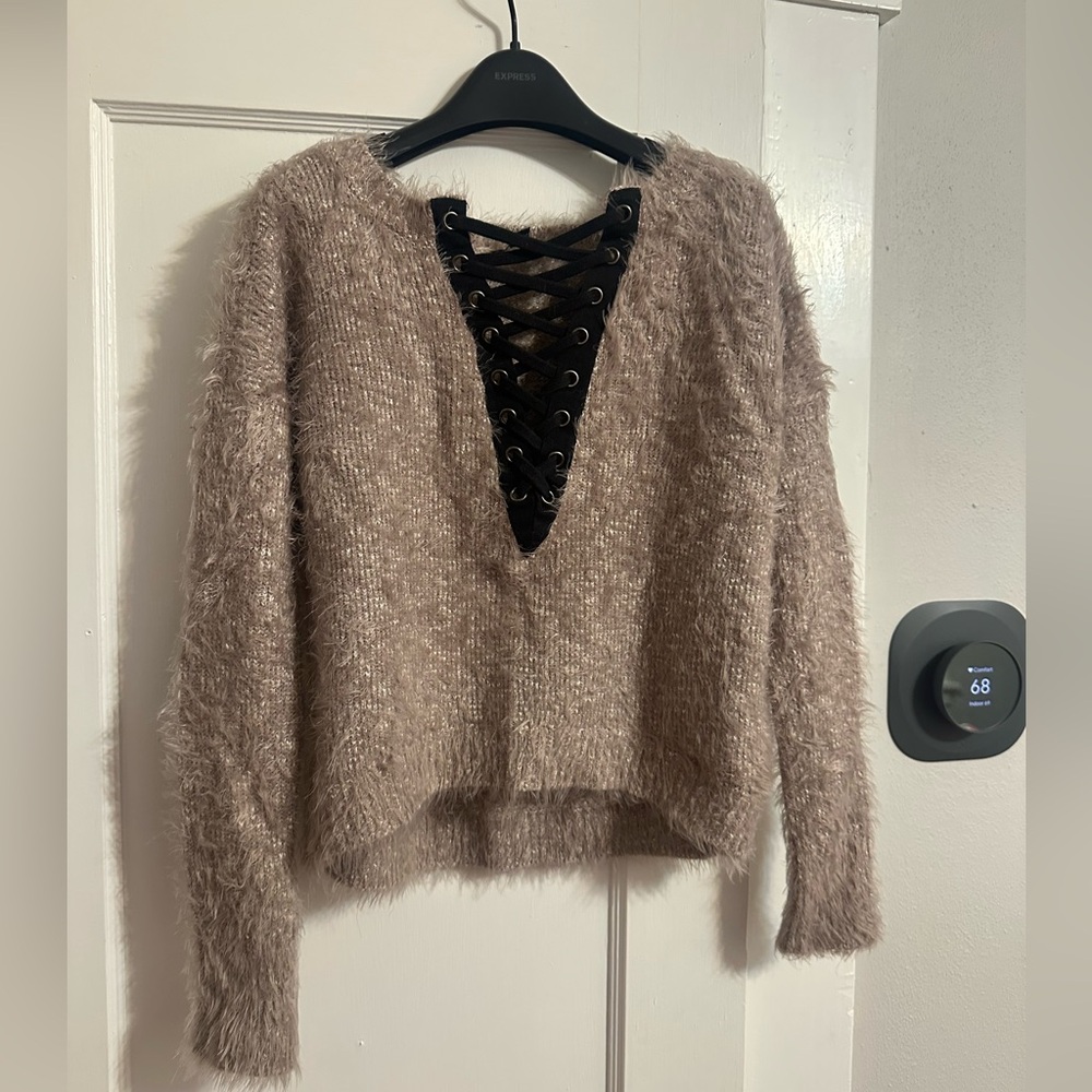 Express Fuzzy Lace-Up V-Neck Sweater - Brown
